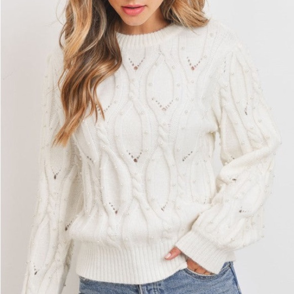 Sweet Rain “Lyndale” Ivory Oversized Cable Knit Sweater with Embellishments - Picture 2 of 4